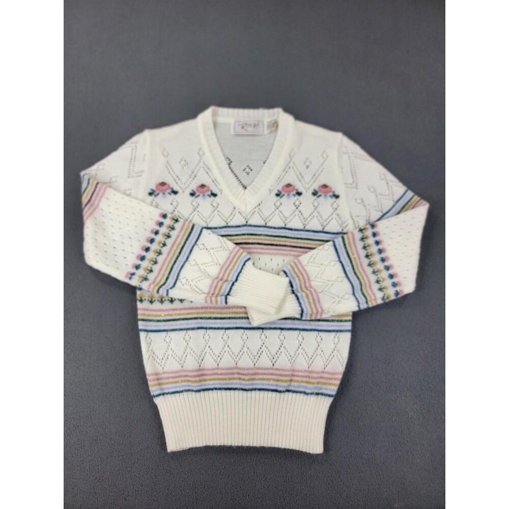 Vintage Ricki Sweater Womens Small White Pastel Floral Knit Acrylic Pullover 80s